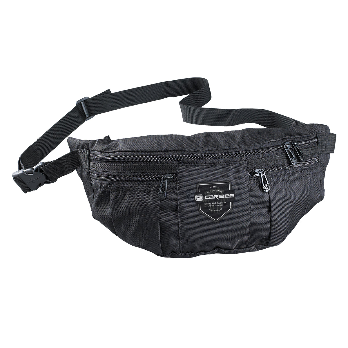 Black waist bag with multiple zippers on a white background