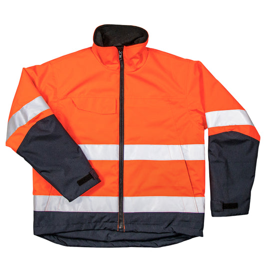 A high-visibility work jacket with a bright orange body, dark navy sleeves and hem, and reflective silver stripes, shown flat on a white background.