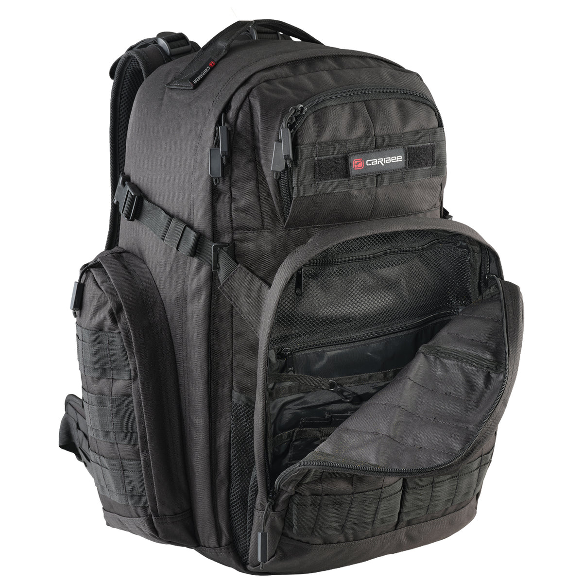 Black Caribee tactical backpack with open front compartment on a white background
