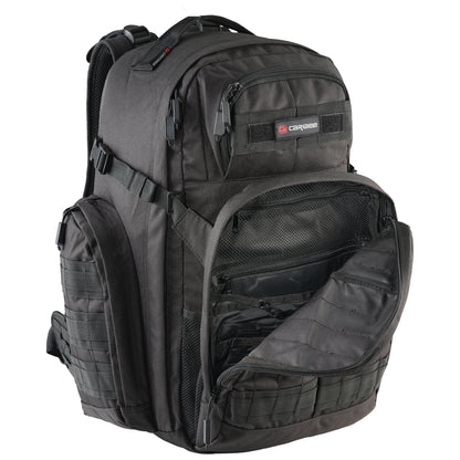 Black Caribee tactical backpack with open front compartment on a white background
