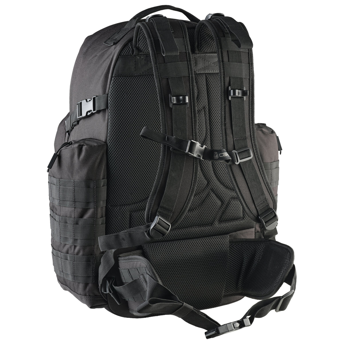 Black tactical backpack on a white background