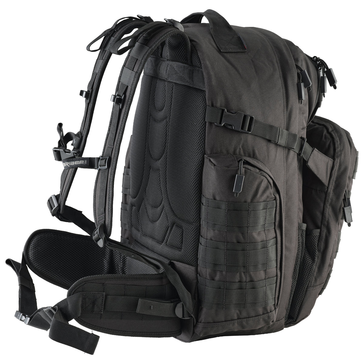 Black tactical backpack on a white background