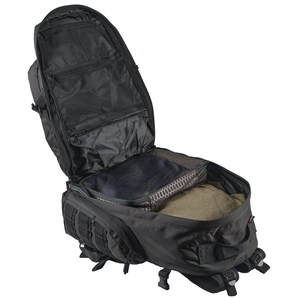 A black tactical backpack shown open, displaying its interior compartments, mesh pockets, and padded compartments, set against a plain white background.