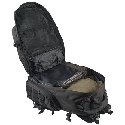 A black tactical backpack shown open, displaying its interior compartments, mesh pockets, and padded compartments, set against a plain white background.