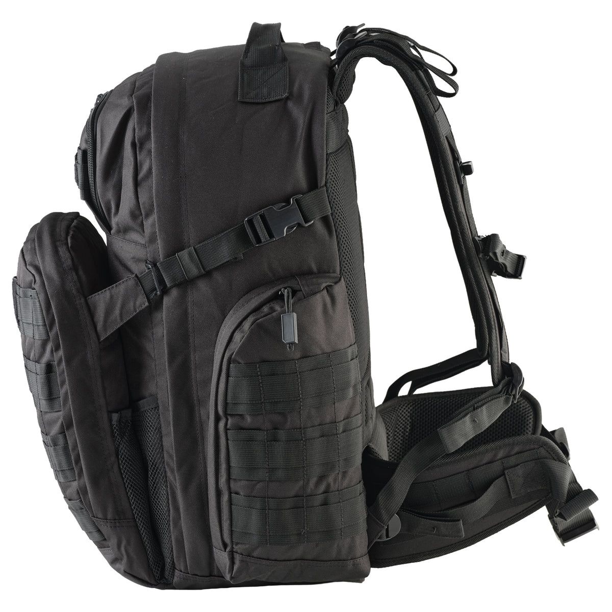 Black tactical backpack on a white background