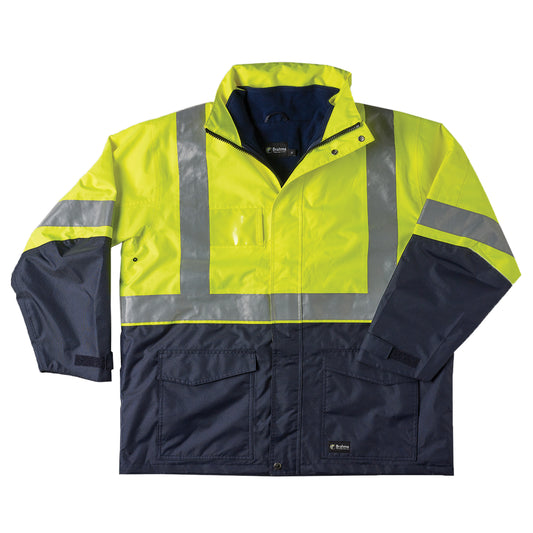 A high-visibility work jacket by Rab, featuring a bright neon yellow-green upper body with reflective silver stripes, and a dark navy blue lower body and sleeves, laid flat against a white background.